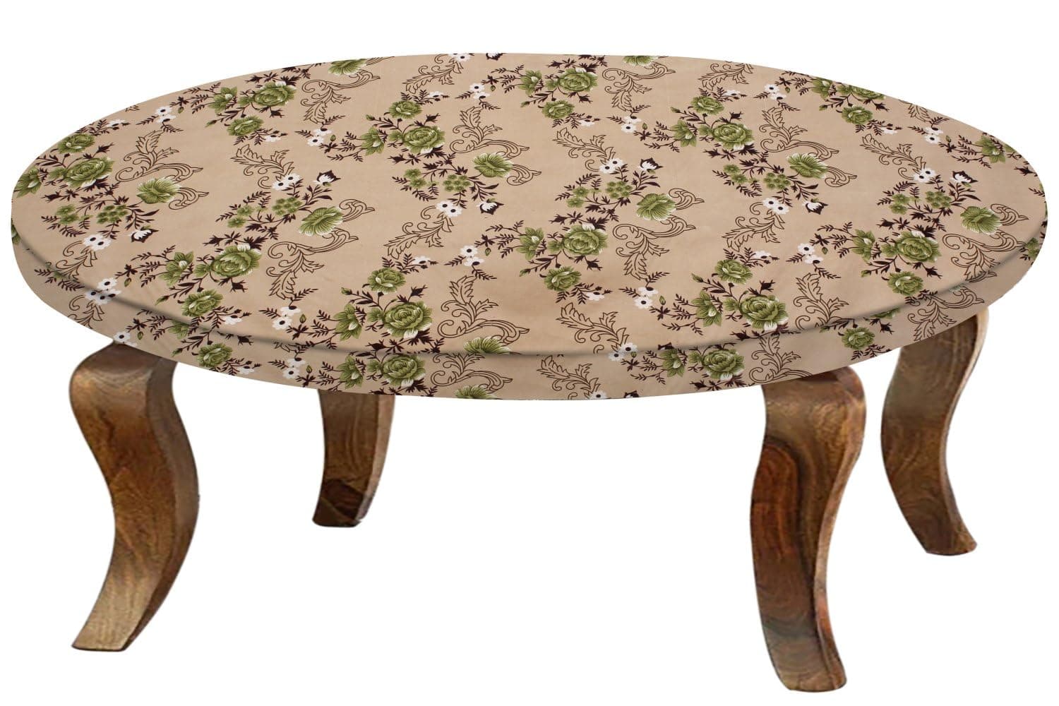 Stylista Polyester Elastic Round Center Tpoy Table Cover (WxL 28x28) in Inches - Floral Pattern Beige