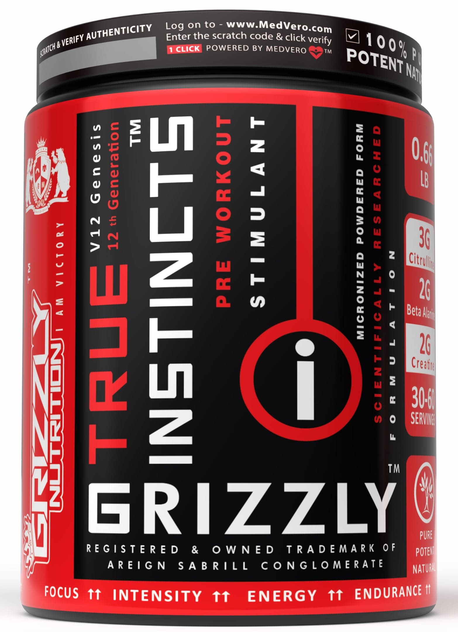 Grizzly Nutrition True Instincts 300 Grams Advanced Pre Workout Powder Supplement for Men & Women | Energy, Focus & Muscle Pump Formula with L-Citrulline, Beta Alanine, Creatine, Theanine & Caffeine +11 Researched Performance Boosters, Watermelon Crush