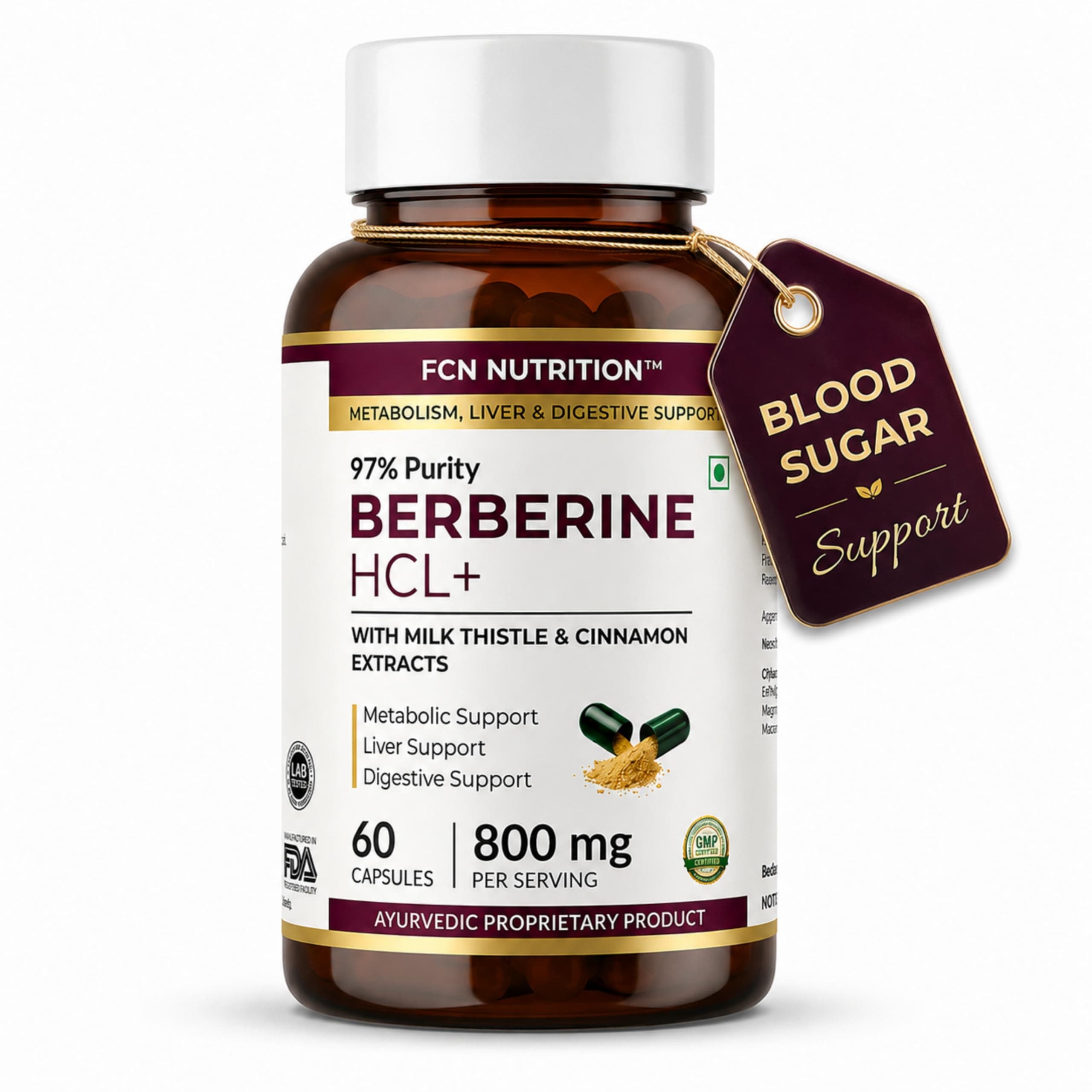 FCN - Berberine Supplement 500mg with Milk Thistle & Cinnamon | 60 Capsules | Supports Blood Sugar, Menstrual Wellness, Metabolism & Cholesterol Levels | HCL Supplement | 97% Purity | ISO & GMP-Certified