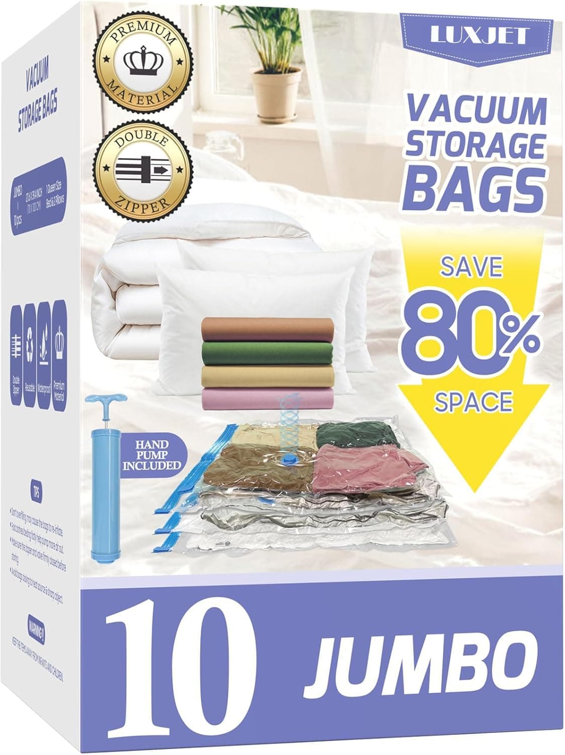 LUXJET 10 Pack Jumbo Vacuum Storage Bags with Hand Pump, 80% Storage Space Saving, Sturdy Leak-Free Space Saver Vacuum Seal Bags for Clothing, Vacuum Compression Bags for Travel Lugggage Blankets.
