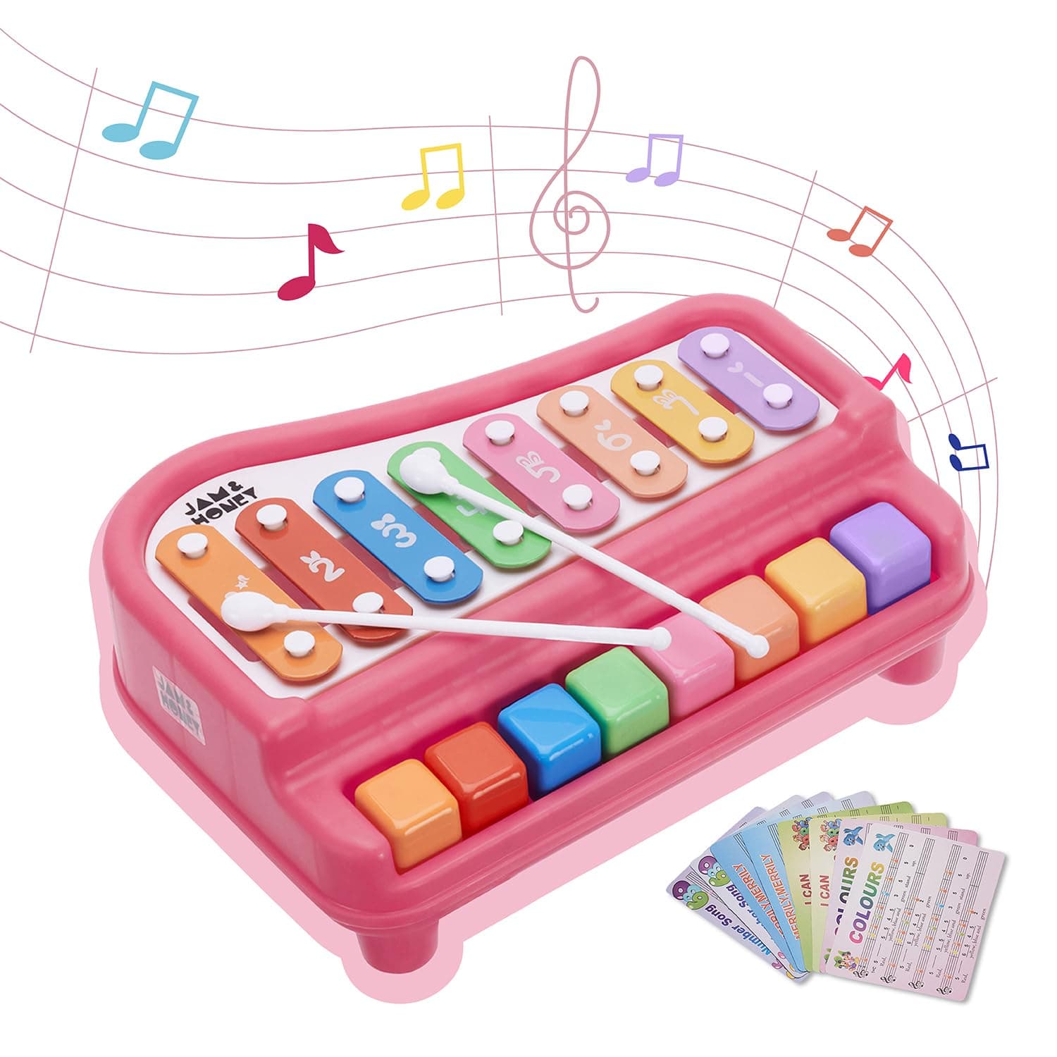 Amazon Brand - Jam & Honey Toddler Xylophone Musical Toy for Kids 3+ Years, 8-Key Multicolour Instrument with 2 Mallets, Montessori Learning Toy, Motor Skills, BIS Certified Safe, Red