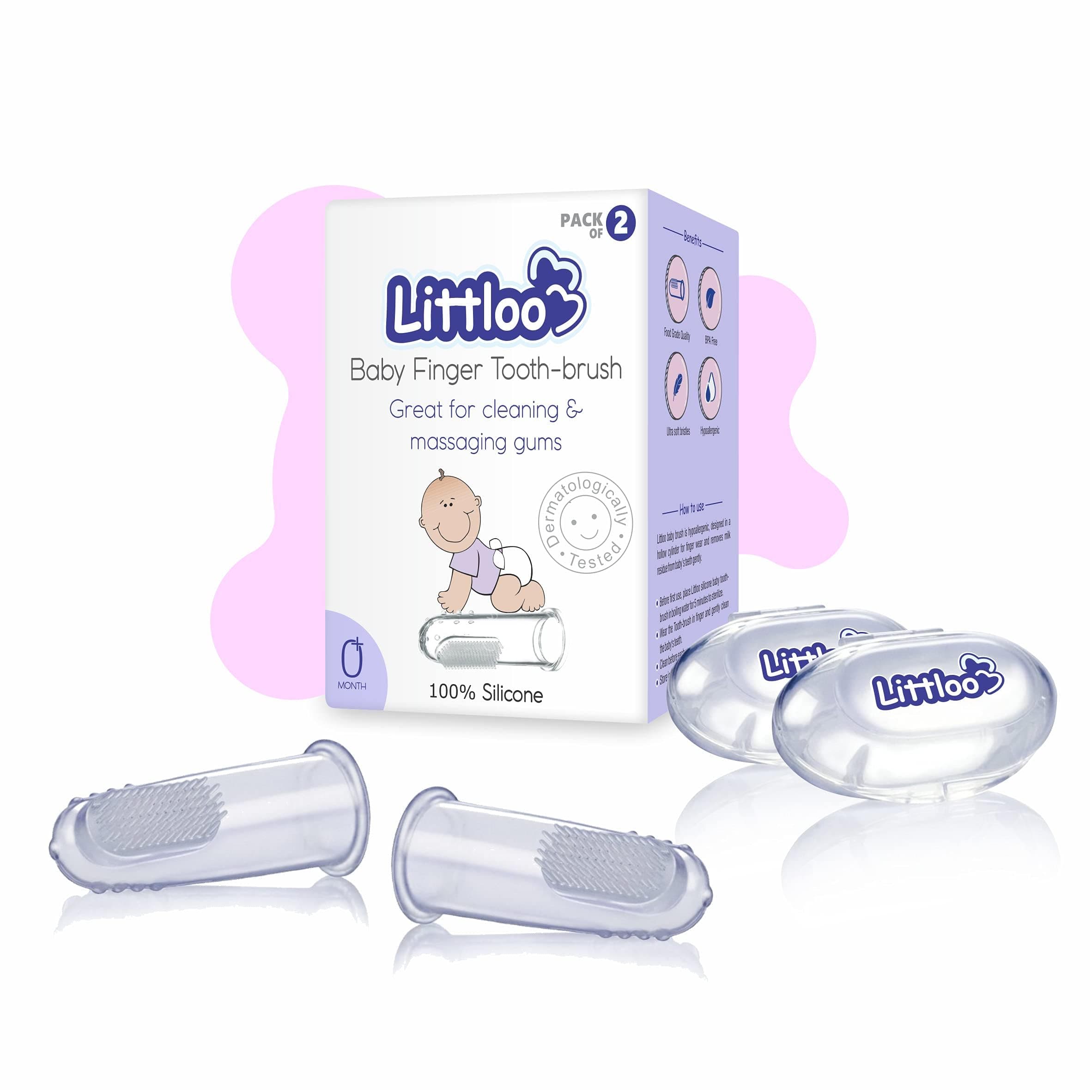 Littloo Baby Finger Toothbrush – 100% Silicone Infant Finger Brush for Cleaning & Massaging Gums – BPA Free – Pack of 2 with Storage Case