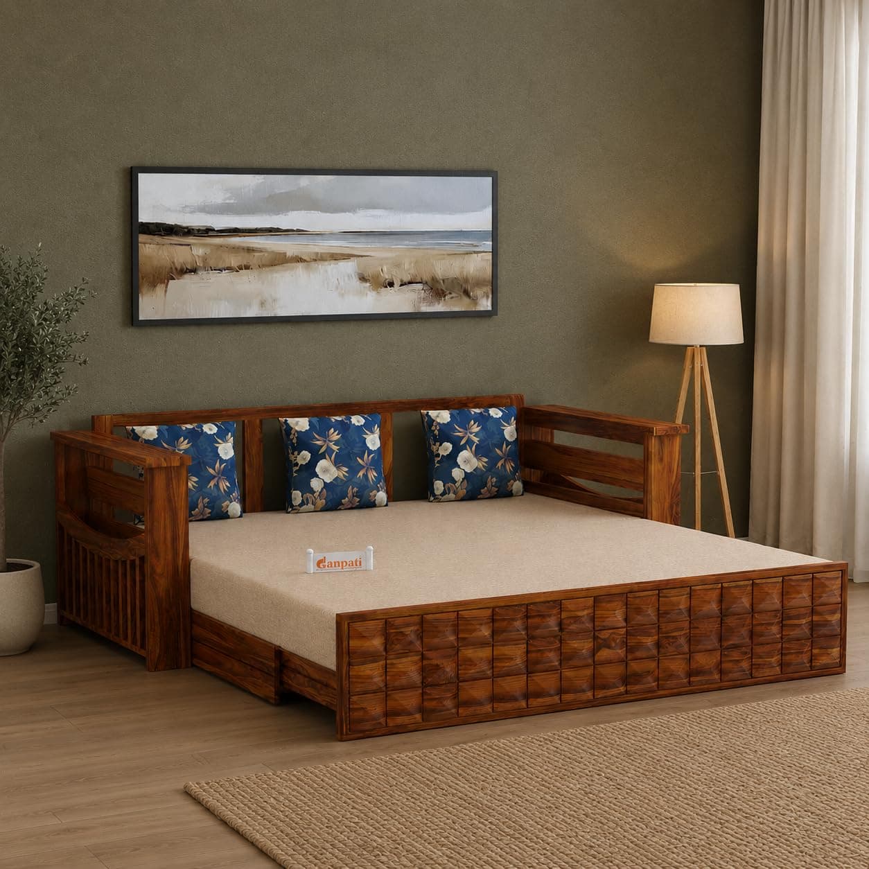 Ganpati Arts Solid Sheesham Wood 3 Seater Diamond Sofa Cum Bed with Side Pocket for Living Room Bedroom Wooden Bedroom Furniture for Home 1 Year Warranty (Natural Finish)