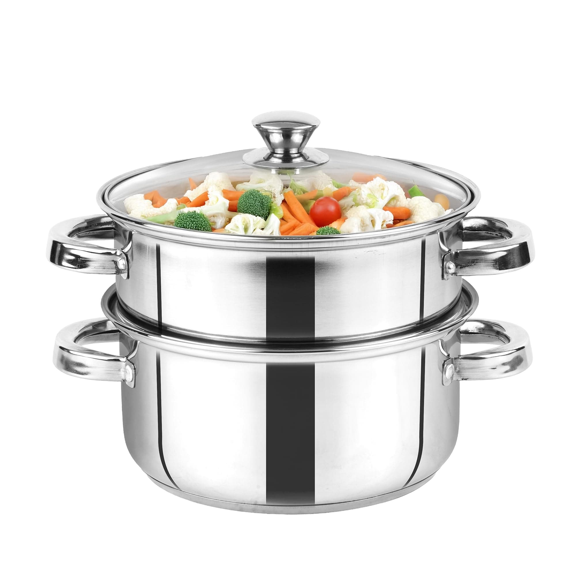 The Indus Valley Stainless Steel Steamer - 21cm, 2 Tier with Glass Lid for modak,momo Maker, Veggies Steamer, Khandvi, Kolukattai, Idiyappam | Gas & Induction Friendly | 3-Layer Thick Bottom