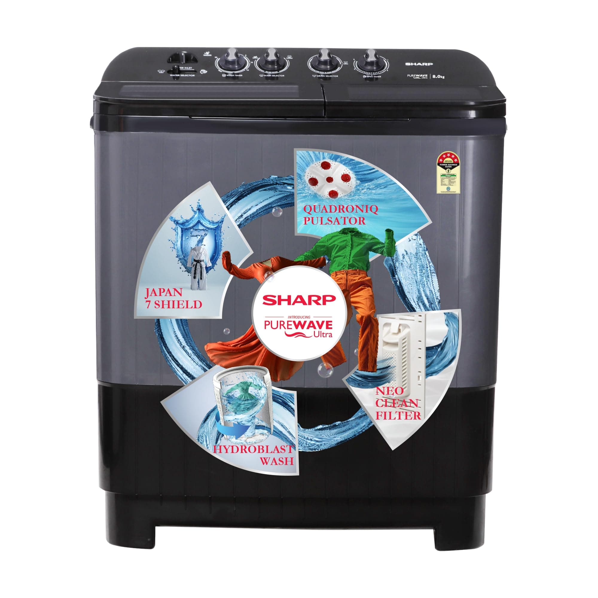 SHARP 8.0 kg, 5 Star, Semi-Automatic Top Loading Washing Machine with Quadroniq Pulsator I JAPAN QUALITY I 1300 RPM I Soft Fall Technology (Steel Grey, 8 Kg)