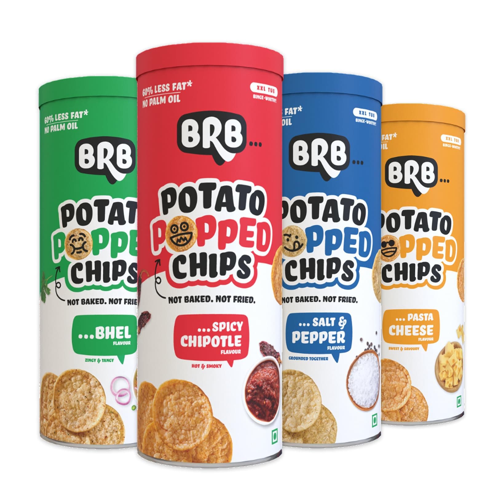 BRB Popped Potato Chips | Not Baked, Not Fried | 4 Tubs X 85 Grams | 4 Flavours - Bhel, Spicy Chipotle, Salt & Pepper, Pasta Cheese | 60% Less Fat | Low Calorie | Healthy Snack