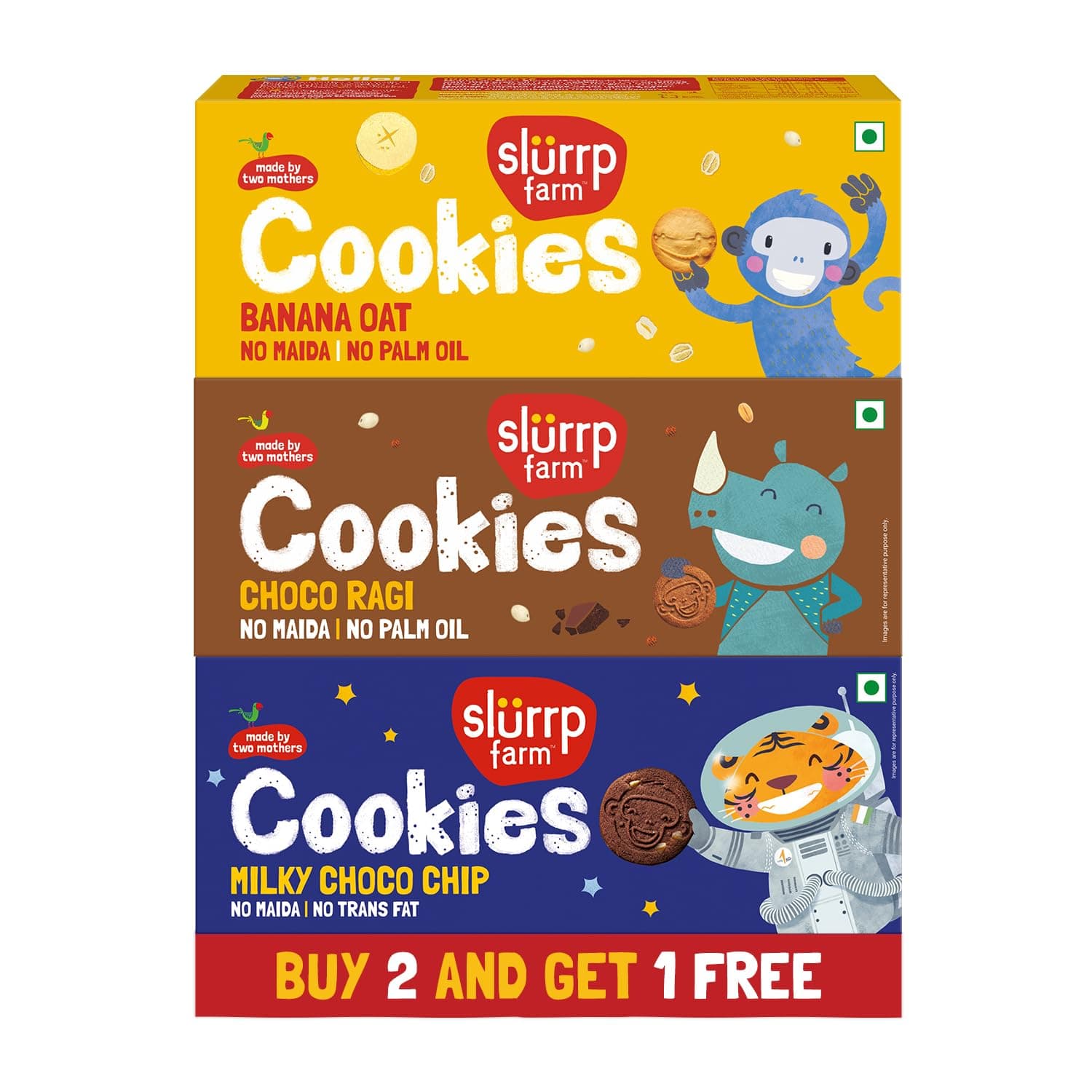 Slurrp Farm Choco Ragi, Banana Oat & Milky Choco Chip Multigrain Cookies | Buy2Get1 Free | Super Saver Pack | Tasty Cookies for Kids| Perfect for tiffins, travel or snack time | Pack of 3 x 80g