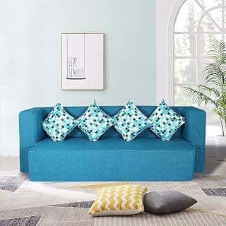 Seventh Heaven 4 Seater Sofa Cum Bed 78x36x14 inch Jute Fabric with 4 Cushions 4 Seater Single Foam Pull Out Sofa Cum Bed (Finish Color - Blue Delivery Condition - Pre-Assembled)