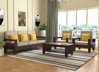 Mamta Furniture Wooden Solid Sheesham Woods 5- to 6-Person Sofa Set With Cushions (5 Seater Sofa|3+1+1 Mahogany Finish,Cream Color Cushion)