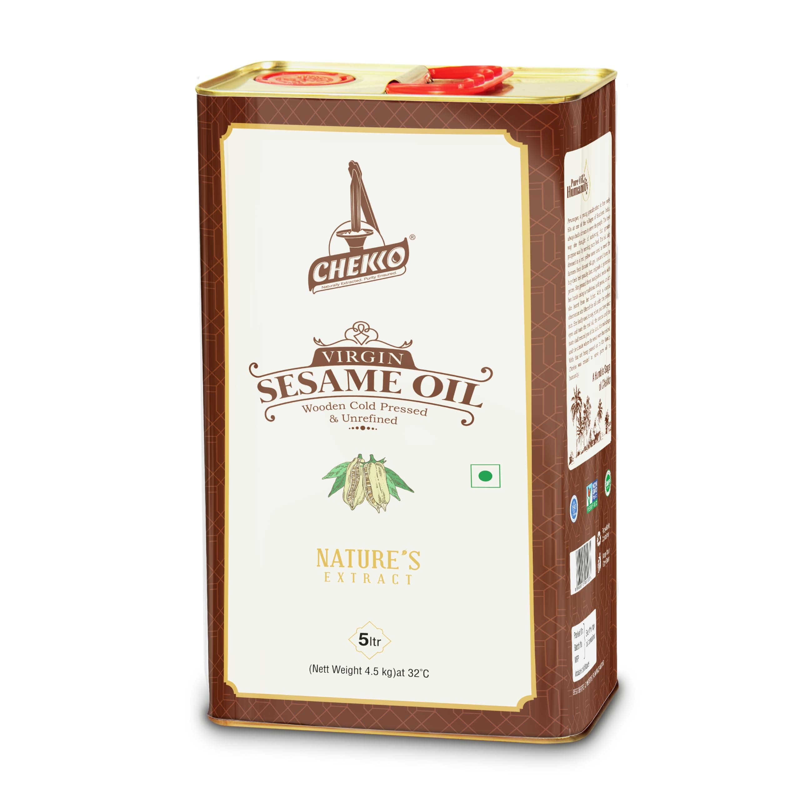 Chekko Cold Pressed Sesame Oil 5 Litre | 100% Pure Natural Wood Pressed Til Oil for Cooking, Hair Growth, Skin Care, Seasoning, Massage | Unrefined Edible Oil for Traditional Cooking