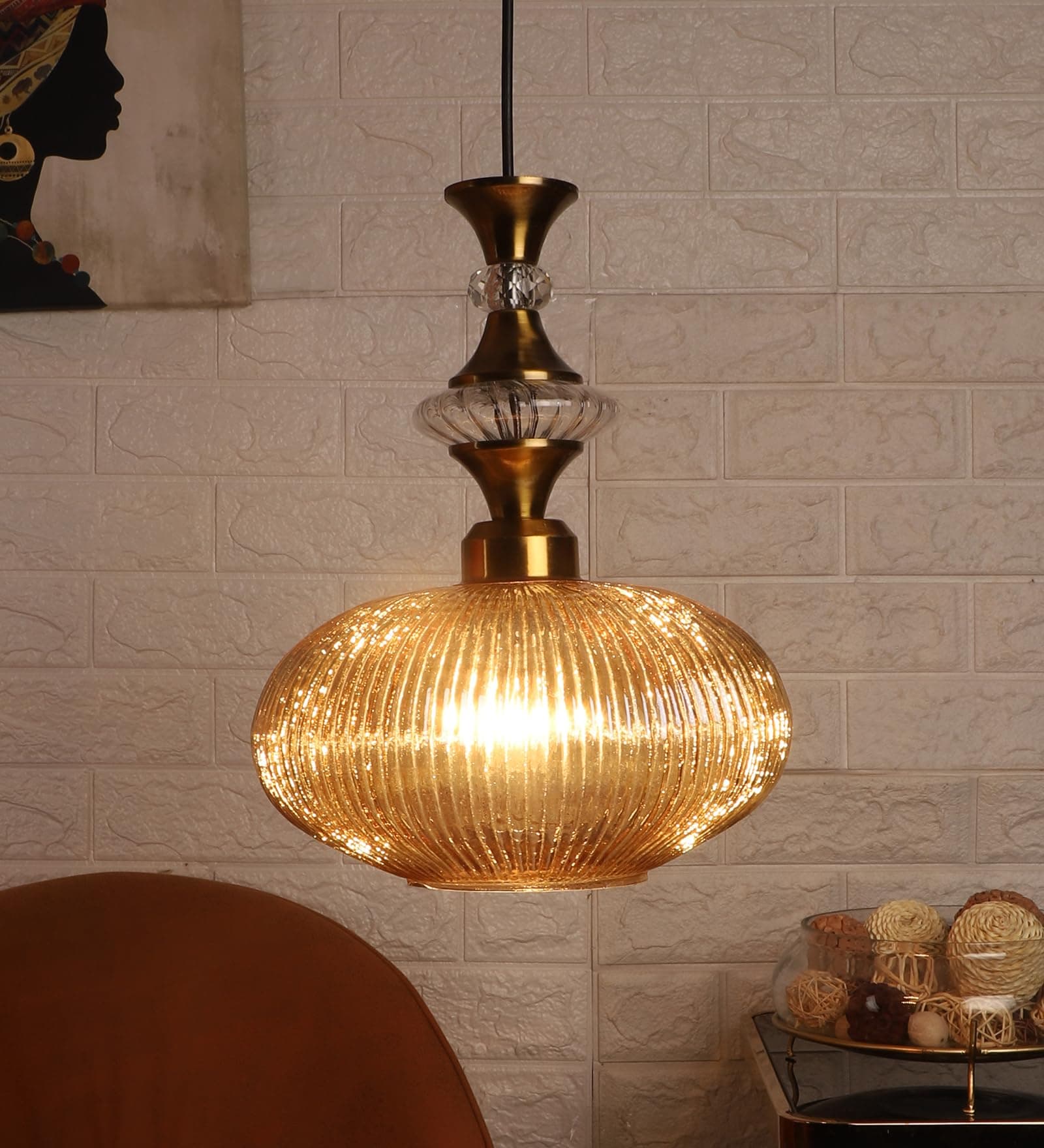 ELIANTE Povque Vintage Hanging Light | Gold Finish Iron & Golden Glass Shade | E27 Holder | Decorative Pendant for Living Room & Dining | Free Bulb | 3 Years Warranty