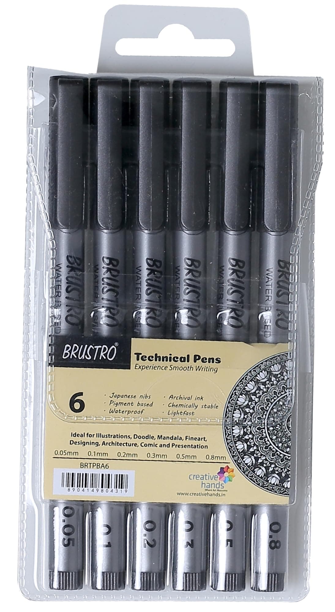 BRUSTRO Technical Fineliner Pen I Black I Set of 6 - Tip Sizes - 0.05mm, 0.1mm, 0.2mm, 0.3mm, 0.5mm, 0.8mm | Ideal for Mandala, Drawing,Artist Illustration,Sketching