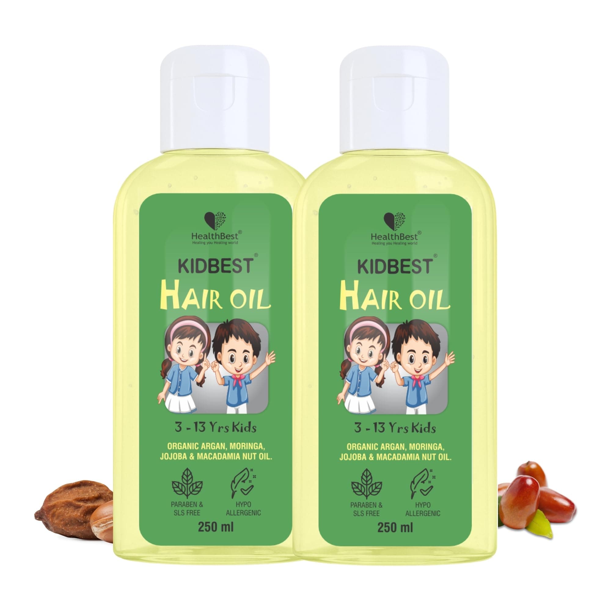 HealthBest Kids Hair Oil 250ml (Pack of 2) for 3–13 Years | for Smooth & Shiny Hair, Hair Growth with Organic Argan, Moringa, Jojoba & Macadamia Nut Oil | Non-Sticky, Tear, Sulfate and SLS-Free
