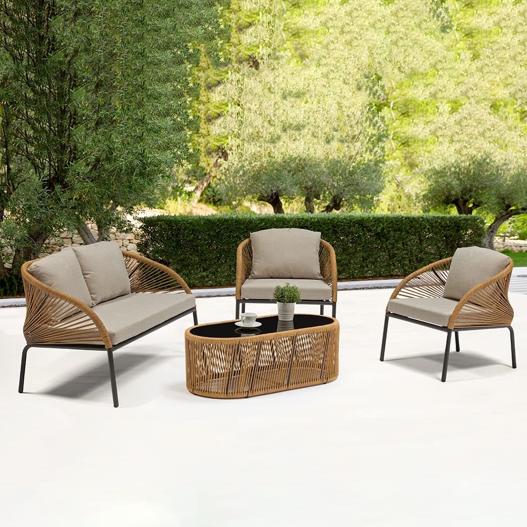 DEVOKO Outdoor 4 Piece Patio Garden Rope Sectional Sofa Set with Glass Top Table All Weather Conversation Furniture for Porch, Backyard, Terrace (Beige & Grey)