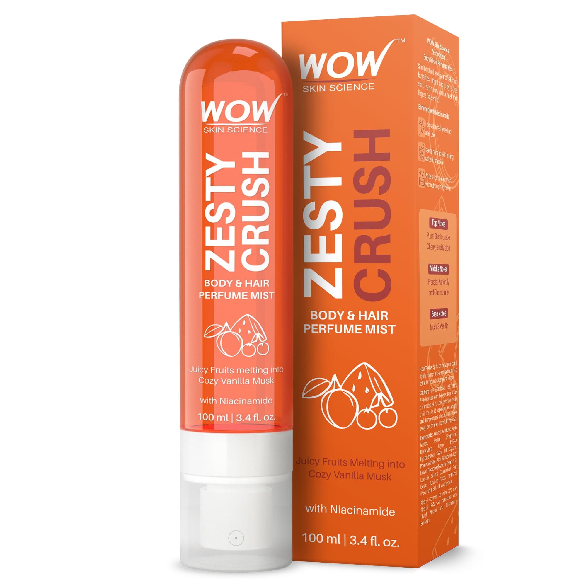 WOW Skin Science Zesty Crush Unisex Body & Hair Perfume Mist | Juicy Fruity Vanilla Musk Fragrance with Niacinamide | Lightweight, Skin-Close Scent for Men & Women | Playful Everyday Perfume Mist | 100 ml