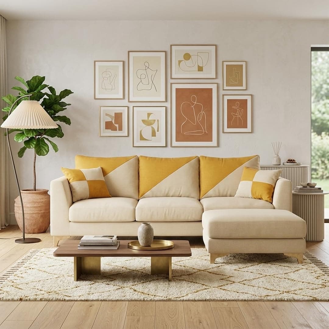 CASACOMFORT Juliet 4 Seater L Shape Sofa Set with Movable Ottomans | Flexible Layout | Rich Velvet Suede Fabric | Silver Legs | Modern Sofa for Living Room (Cream)