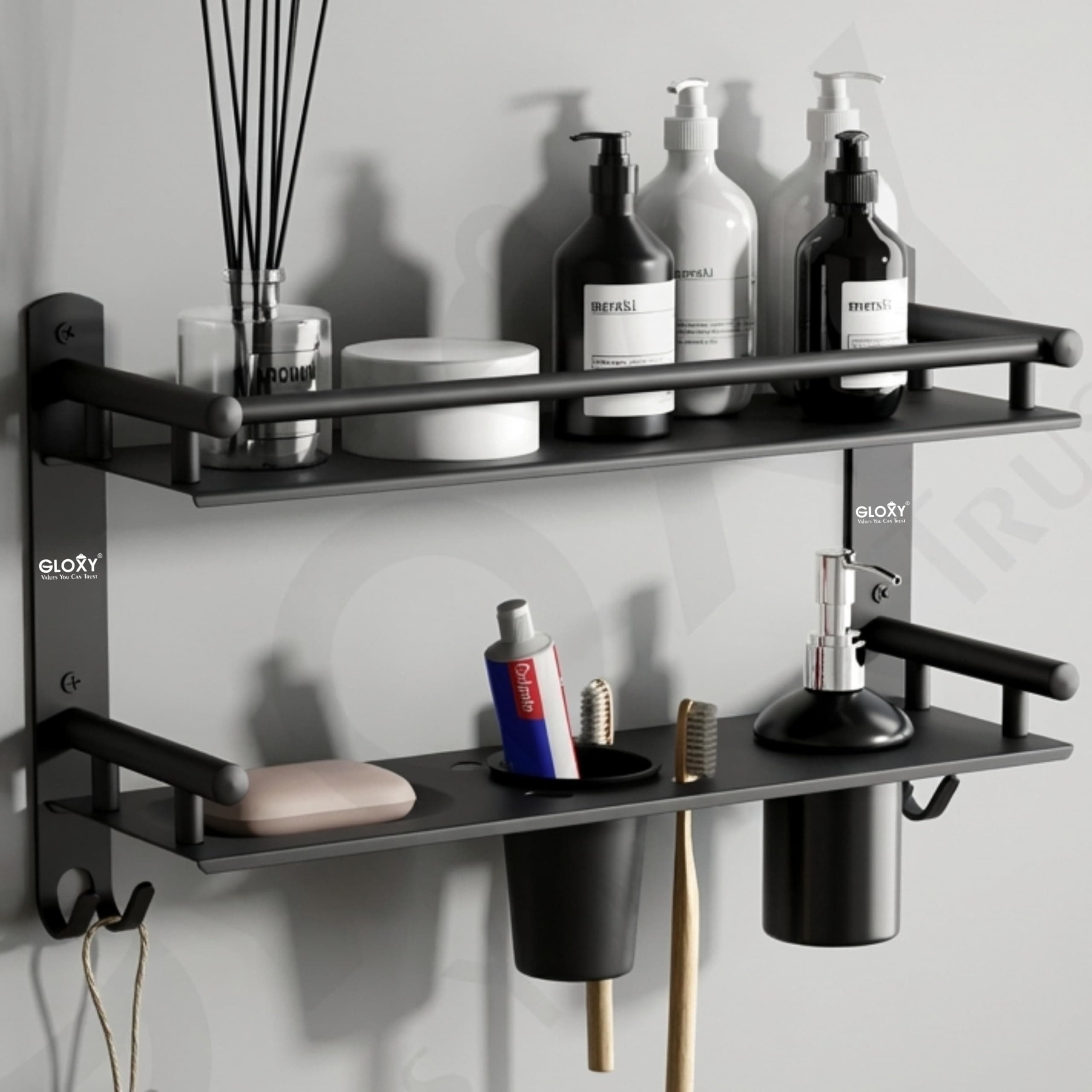 GLOXY Premium Stainless Steel Black Matt Finish 2 Layer Bathroom Shelf Rack with Soap Holder, Liquid Soap Dispenser & Toothpaste Holder - 4 in 1 Washroom Rack for Home, Office, Hotels & Restaurants
