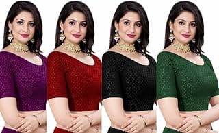 Generic Women’s Stretchable Readymade Saree Blouse Combo Pack of 4 (Purple, Maroon, Black, Green) | Half Sleeve Round Neck Textured Blouse for Party