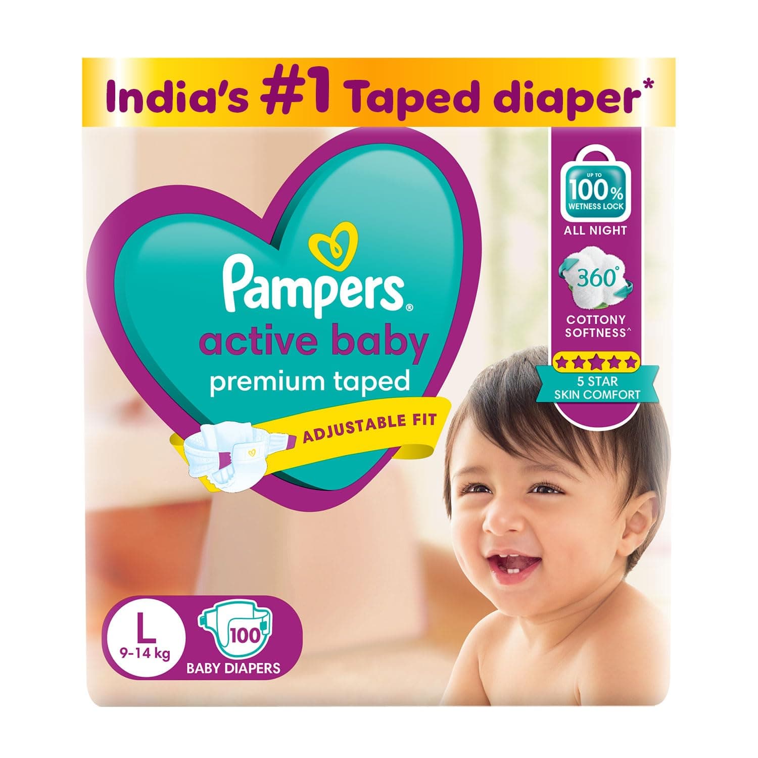 Pampers Active baby Tape Style Baby Diapers, Large (L), 100 Count, 9-14 kg, Adjustable Fit with 5 Star Skin Protection