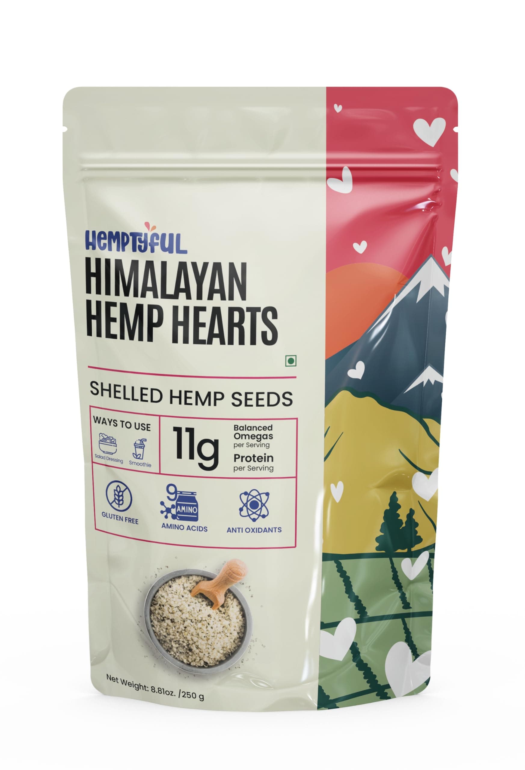 Hemptyful Hemp Hearts - Hulled Hemp Seeds (250) | 11g Protein per Serving | 11g Omegas 3 & 6 per Serving