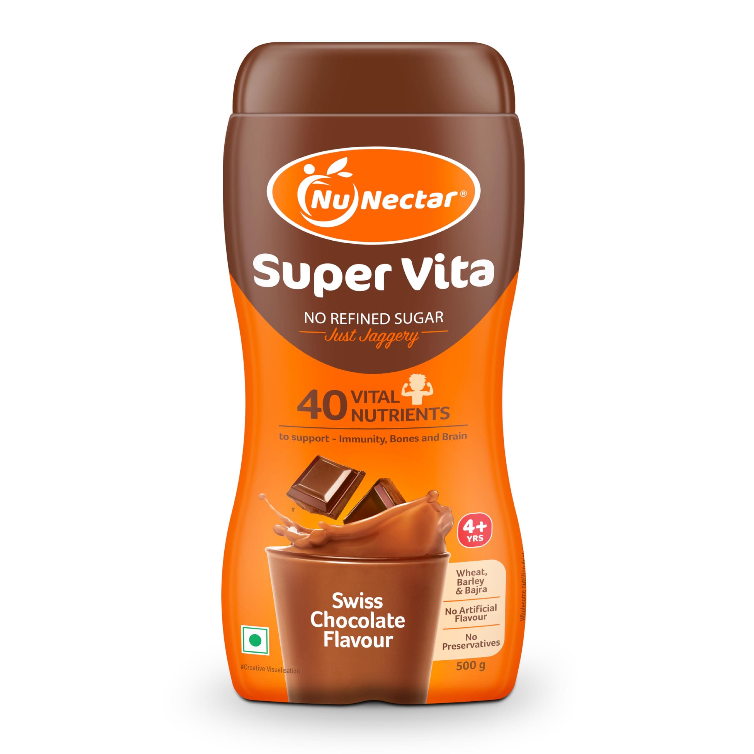 NuNectar Super Vita 500g | Nutrition Drink for Kids, No Sugar, No Junk, 40 Nutrients, Swiss Chocolate Flavour