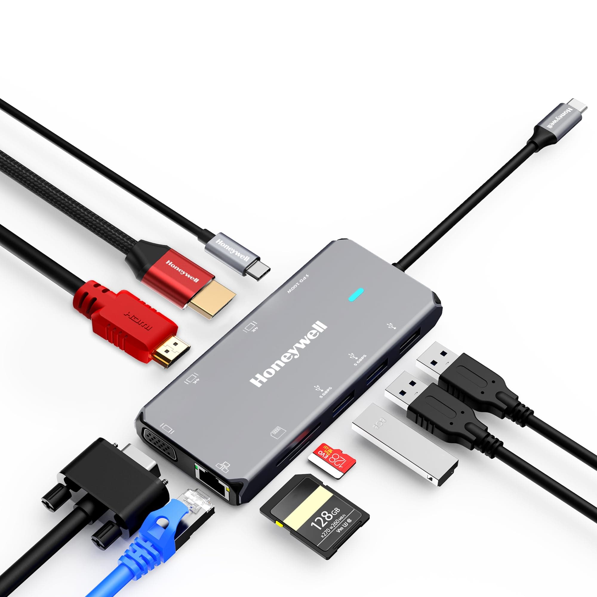 Honeywell New Launch 10-in-1 Type C Dock with Dual 4K HDMI, 1GBPS RJ45 Ethernet Port, 2xUSB 3.0, 1xUSB 2.0 & Type C 3.0 PD100W, VGA Port, SD & MicroSD Slot, for All Type C Devices- Windows/MacBook