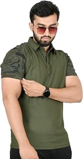 Generic Men's Olive Green Army Print Tactical Polo T-Shirt with Camouflage Sleeves and Zipper Pockets