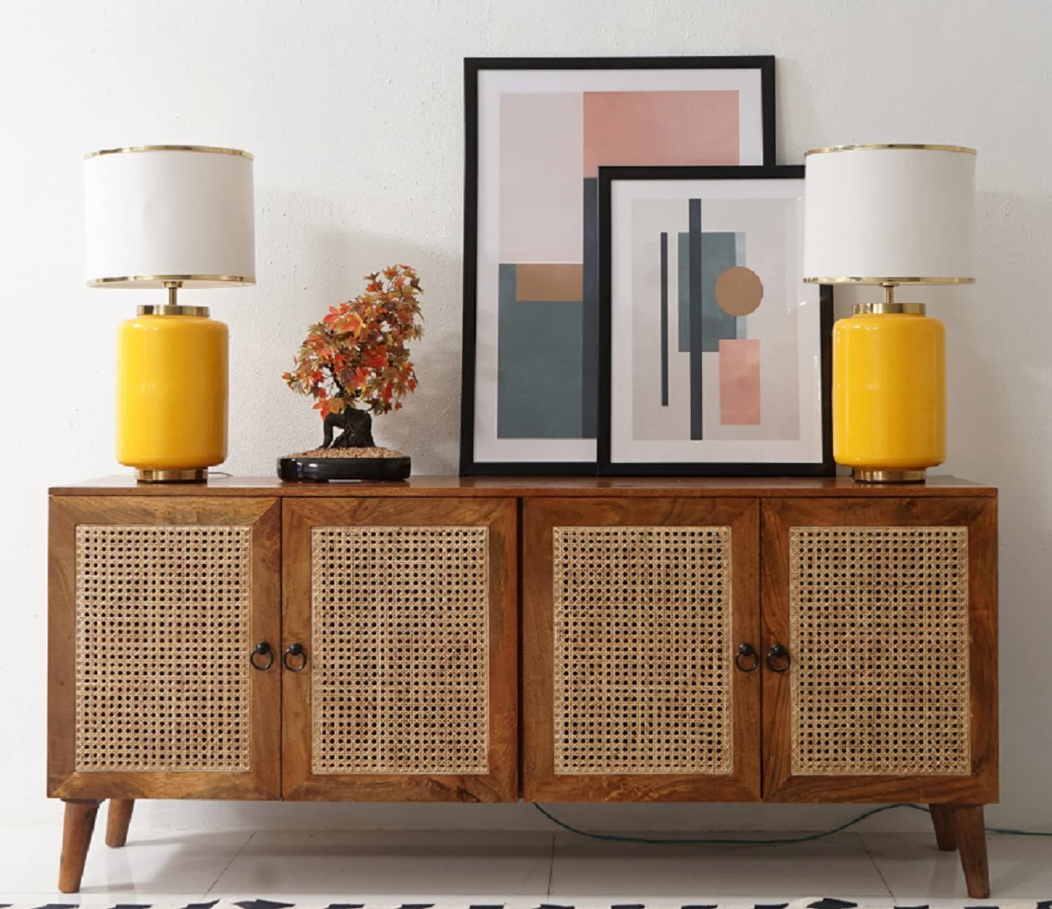Space Galaxy Wooden Sideboard Cabinet for Living Room | Solid Sheesham Wood & Rattan Cane Storage Cabinet with 4 Doors | Buffet Cabinet for Drawing Room, Office & Lounge | Natural Finish