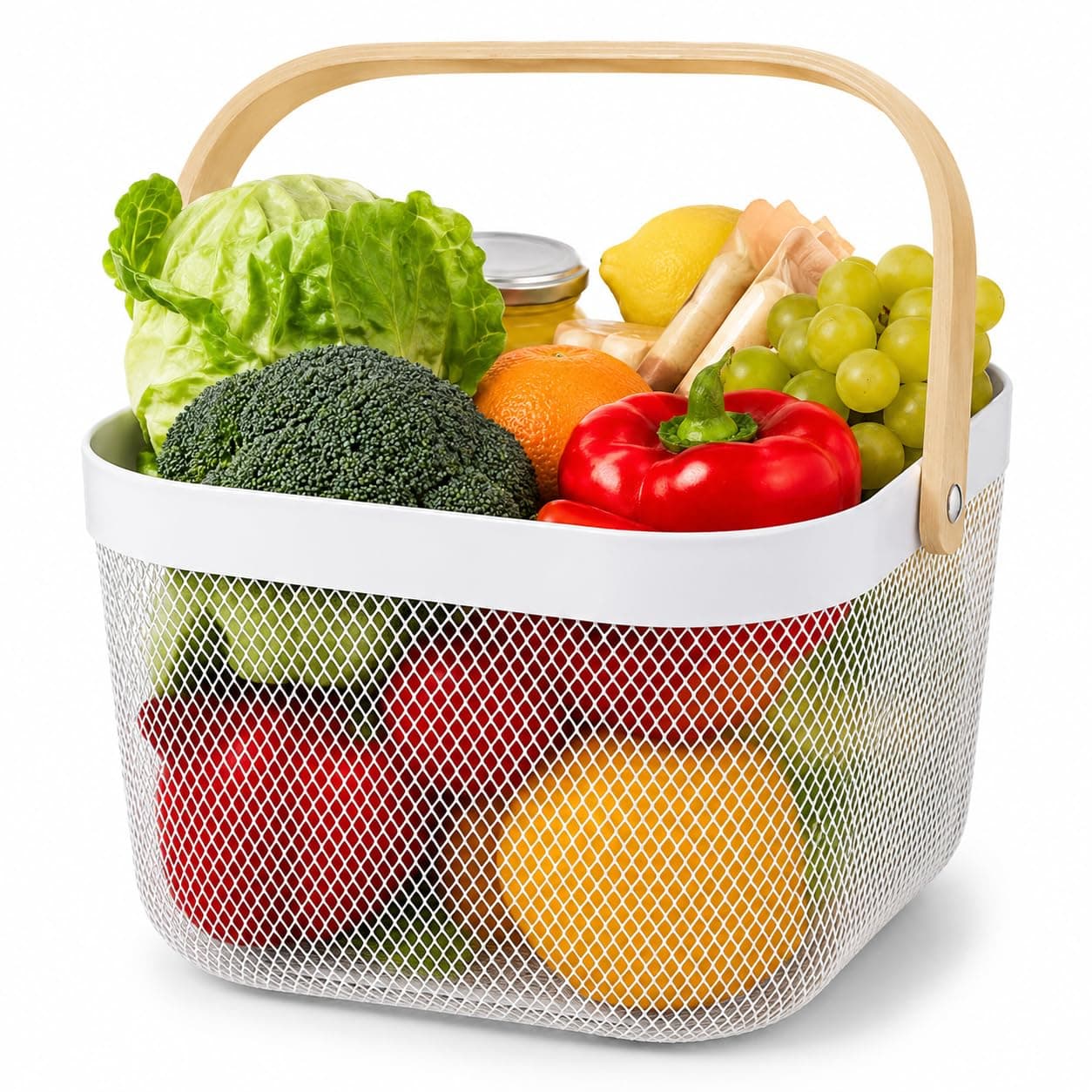 Multipurpose Storage Basket with Wooden Handle | Mesh Organizer for Kitchen, Bathroom & Laundry | Vegetable, Fruit, Toiletry Basket | Rust Resistant | Modern Design | Multicolor