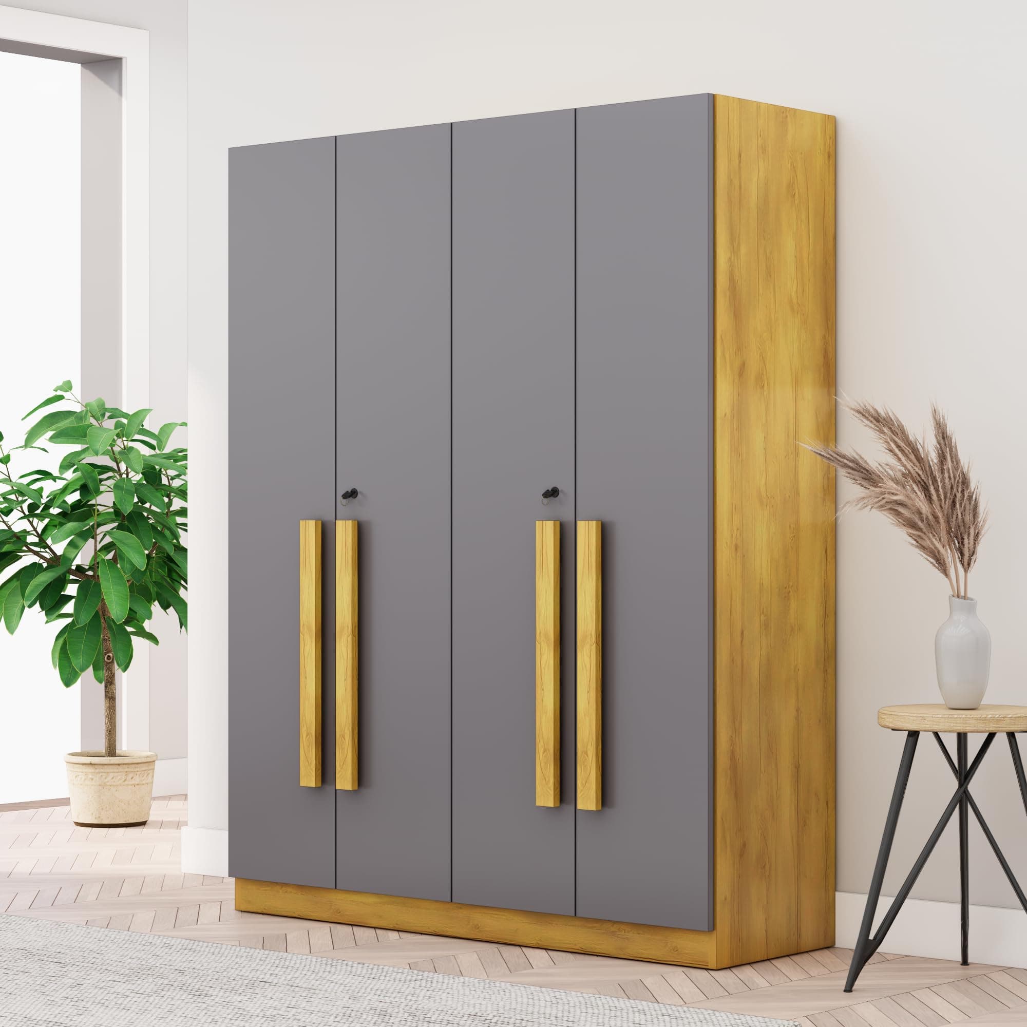Bniture 4 Door Wardrobe for Bedroom with Lockable Door & Hanging Space | Almirah for Clothes with Elevated Bottom Base | Wardrobe for Storage | 3 Years Warranty (Giant Wood & Slate Grey, 4 Door)