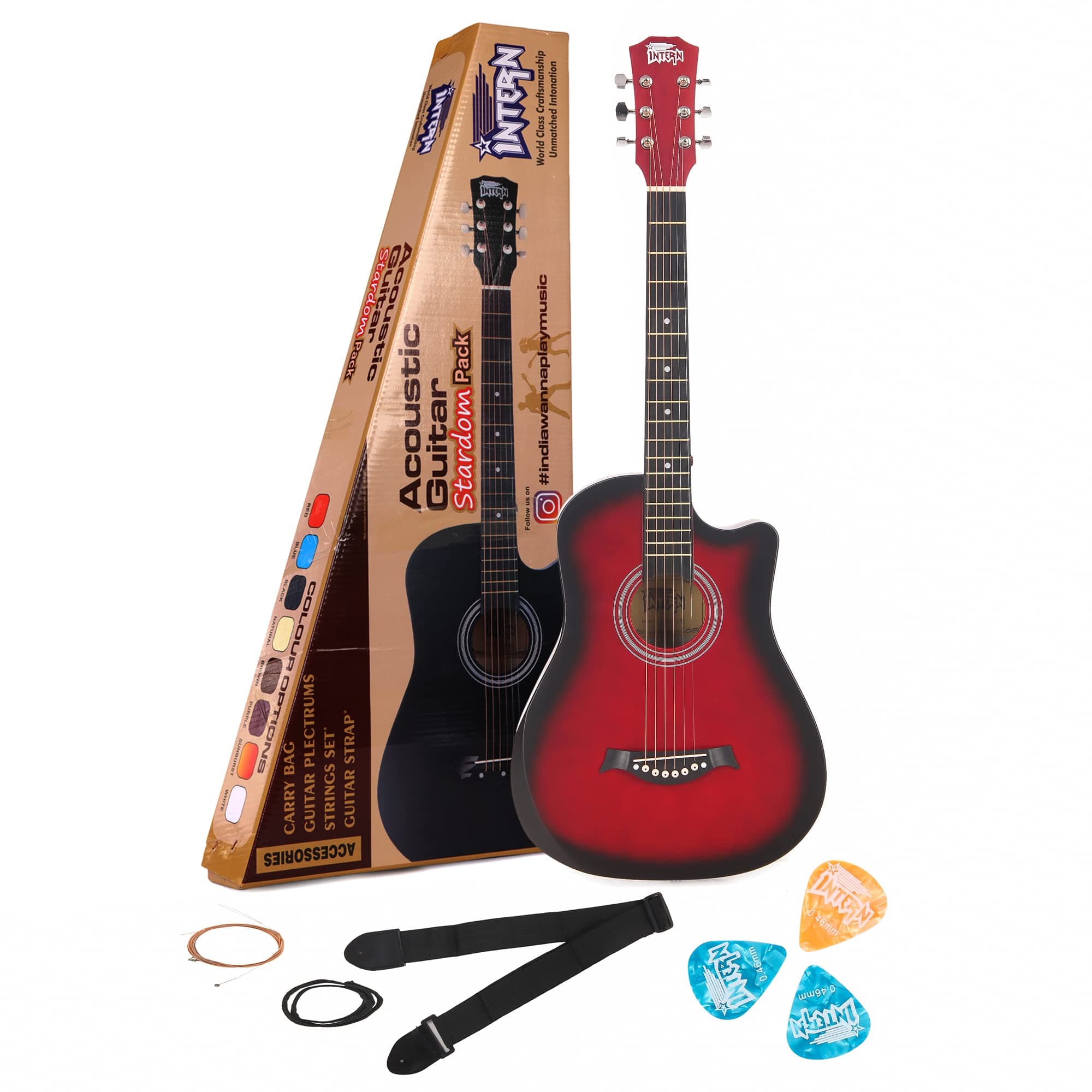 INTERN Cutaway Design Acoustic Guitar Pack -Humidity Proof, Bend resistance, Durable Action, Natural tone & bright resonance. Red Carbon Fibre/Fiber Guitar with Bag, Strap, Strings set & Plectrums.