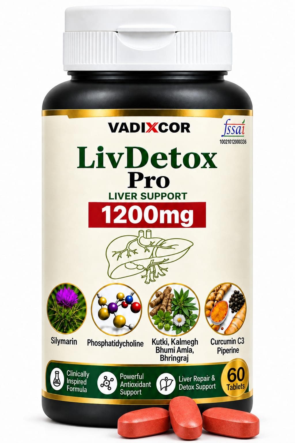 VADIXCOR LivDetox Pro | 1200mg | Milk Thistle, Kutki, Kalmegh, Bhumi Amla & 95% Curcumin Extracts | Up To 5X Absorption | Advanced Liver Detox & Support For Men & Women | 60 Tablets