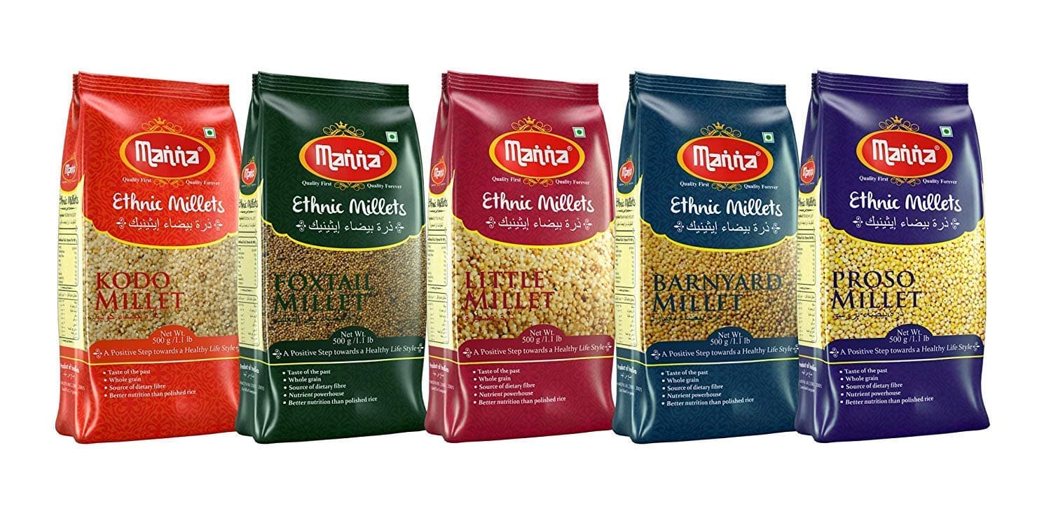 Manna Millets 2.5Kg Whole Grains, Combo Pack of 5, Foxtail, Kodo, Little, Barnyard, Proso, Certified Low GI, Unpolished Natural Grains 500g (Pack of 5)