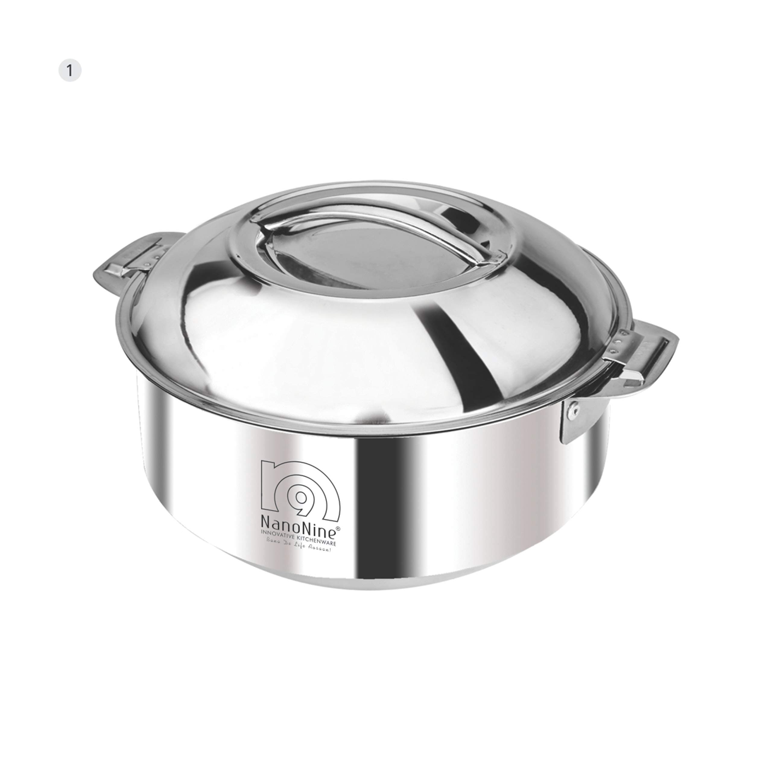 NanoNine Hot Chef Double Wall Insulated Hot Pot Stainless Steel Casserole with Steel Lid, 1.4 Litre, 1 pc