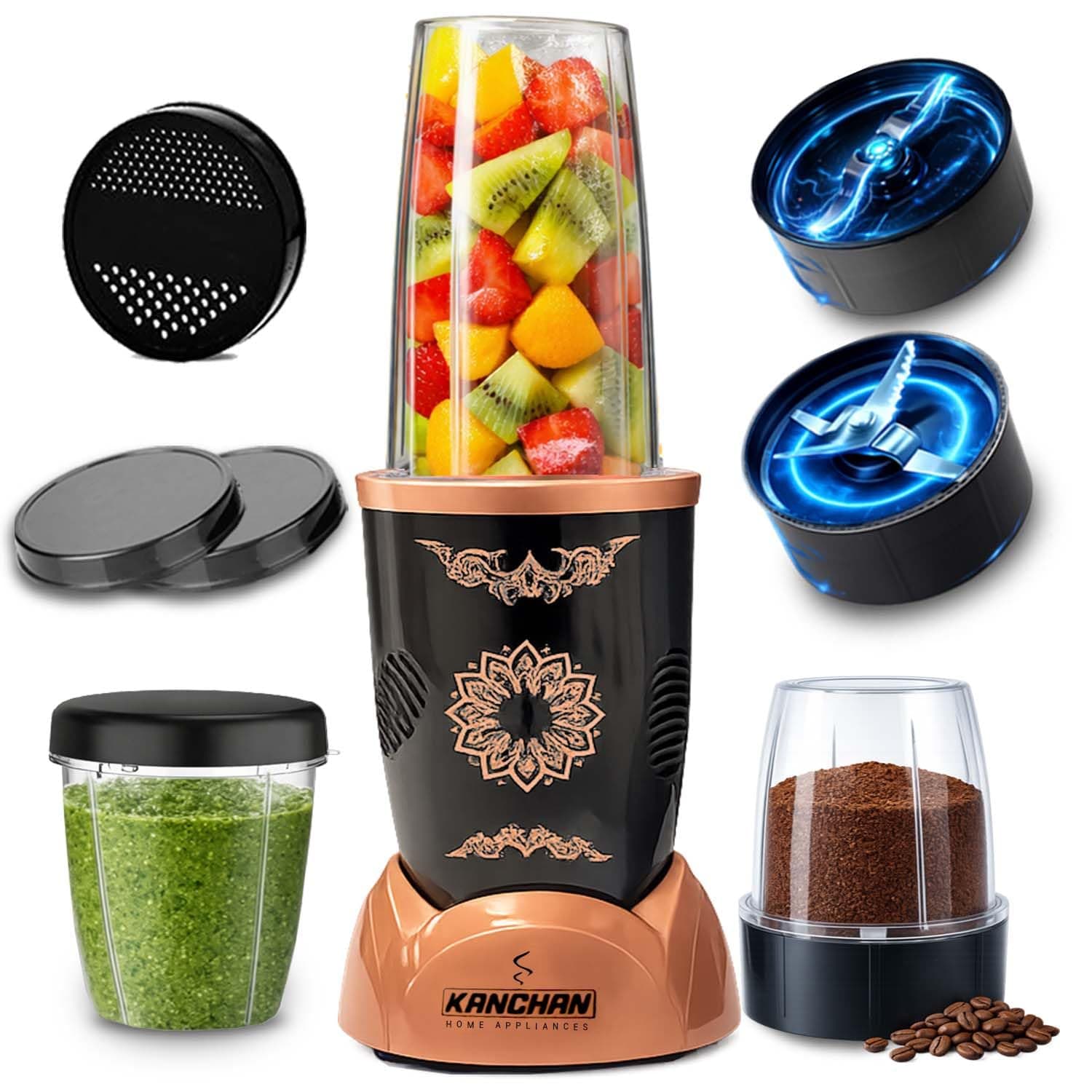 Kanchan Nutri-Blend Mixer Grinder 450 Watt | Blender for Smoothie Juice Puree Masala Chutney, Unbreakable Jars (500ml & 300ml) -SS Blades for Grind & Blend (Copper, 3 Jar)