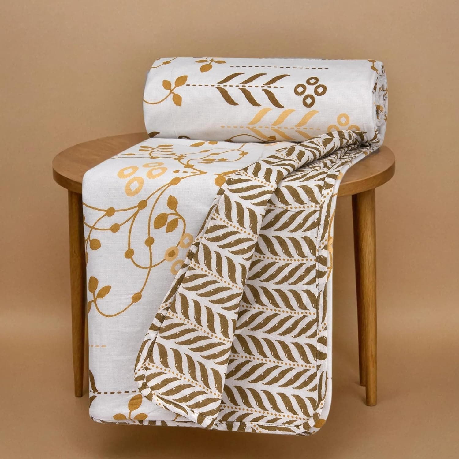 HUESLAND 100% Cotton Reversible Dohar Single Bed Cotton | Soft Cambric Weave, Lightweight AC Blanket for Summer & All Weather Use | 56 x 89 inches, Petal - White, Moss Green & Mustard