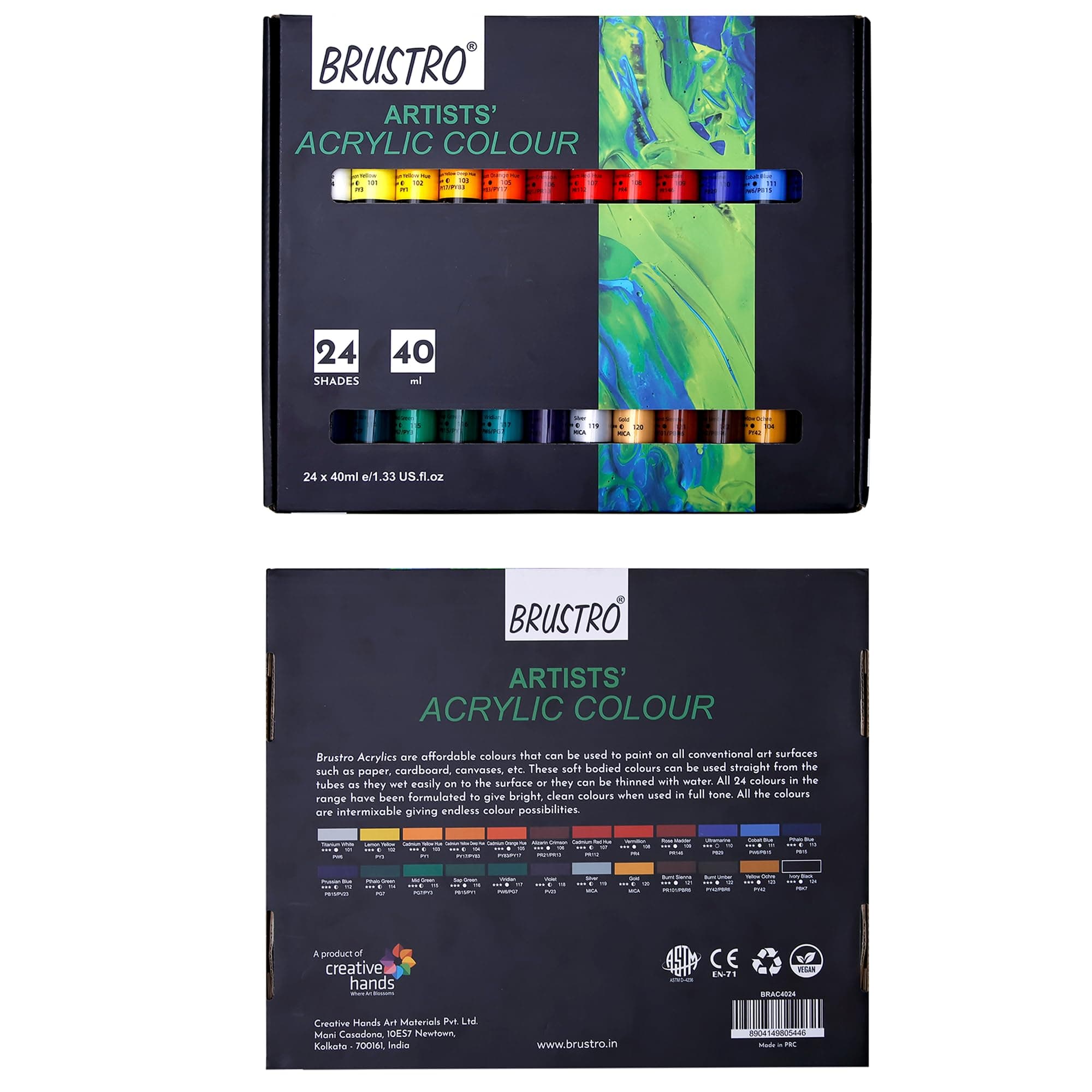 BRUSTRO Artists Acrylic Colour Paint - Set of 24, 40ml Color Tubes | Vibrant Shades,Soft Bodied,Water-Based,Non-Toxic,Inter-mixable,Ideal for Paper,Canvas,Cardboard, Fine Art Students,Professionals