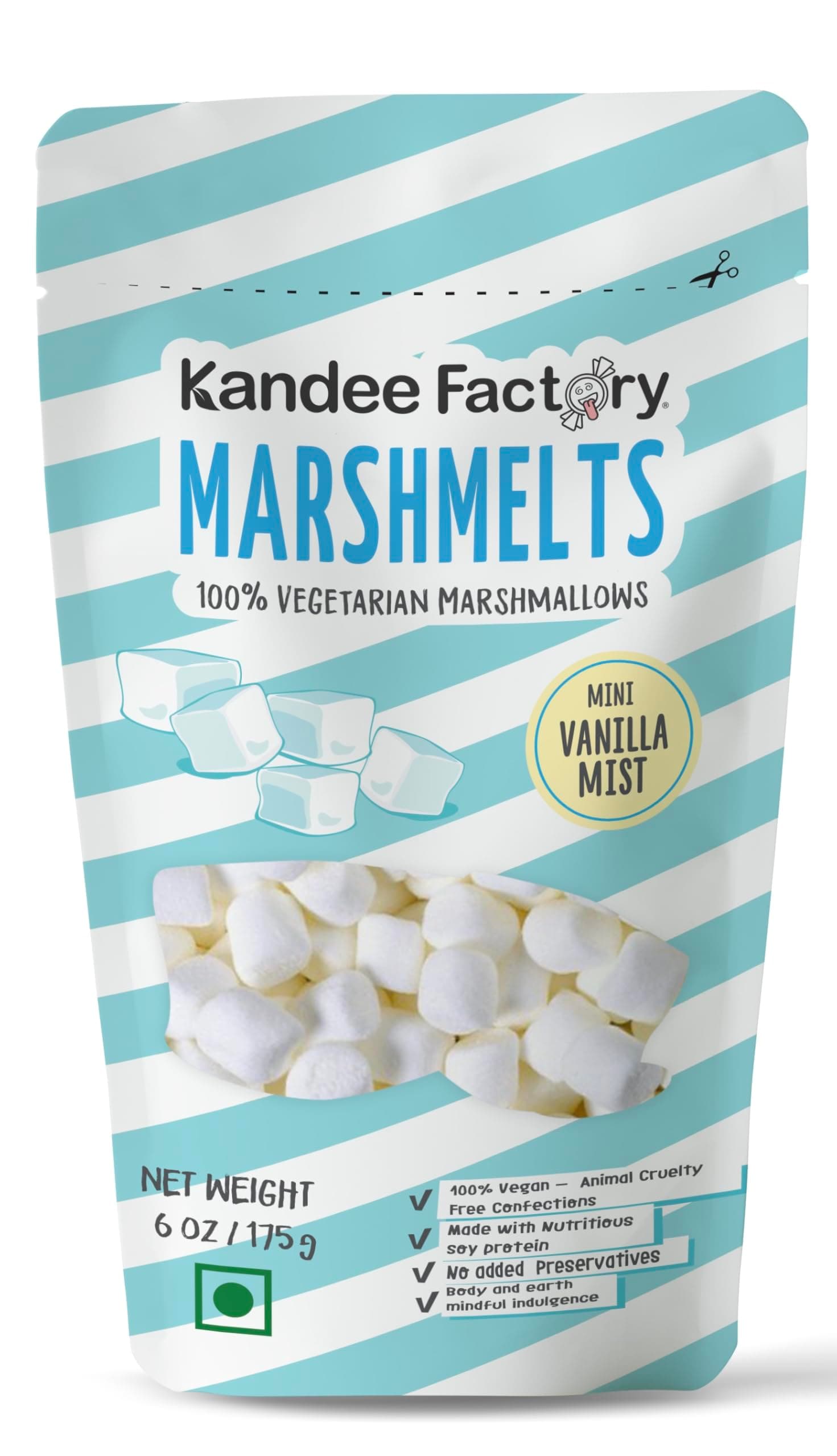 Kandee Factory Marshmelts Plant Protein Marshmallows 175gm | Soft, Fluffy & Cylindrical Shape | Vanilla Mist Flavor | Mini Marshmallow | 100 % Vegan, Trans Fat & Gluten-Free | Candy For Kids | No Added Preservatives