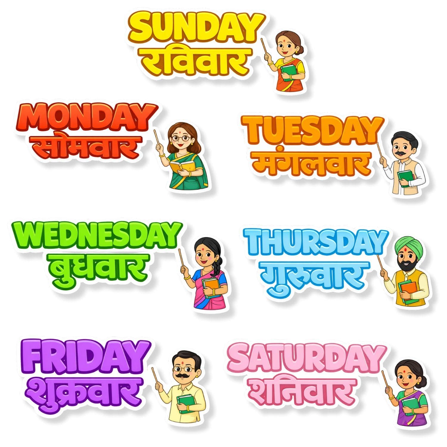 RufaStories Hindi-English Week Day Names Fridge Magnets for Kids – Bilingual Educational Fridge Magnets – 7 Pieces | Waterproof, 0.5mm Thick, Safe for Toddlers – Preschool Learning Magnets