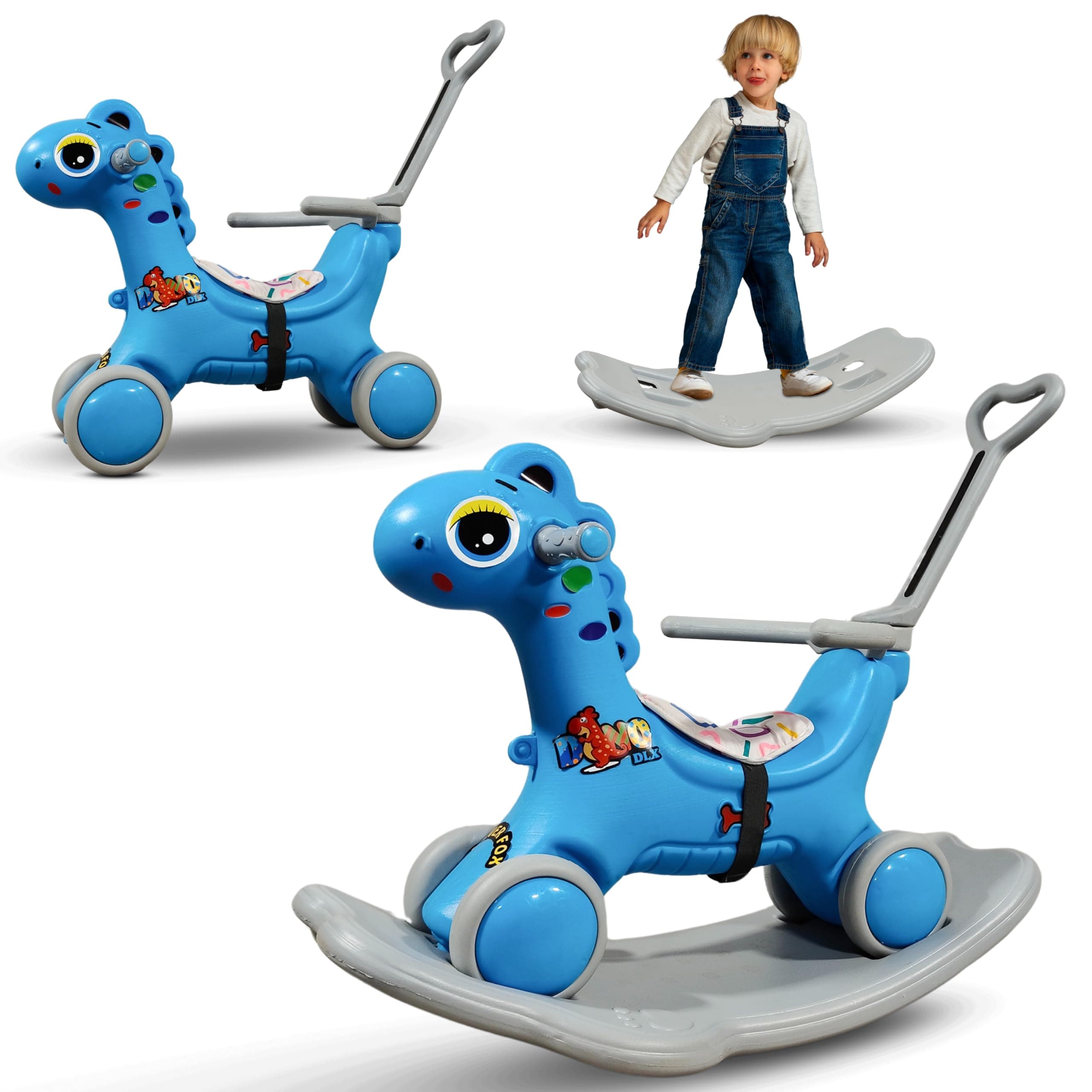 Kidsmate 3-in-1 Push Ride-On and Rocker for Kids 2-5 Years | Ride, Push & Rock Modes | Seat Belt Safety | Non-Toxic & PE Body with Parental Handle | Rocker Horse for Babies (Blue)