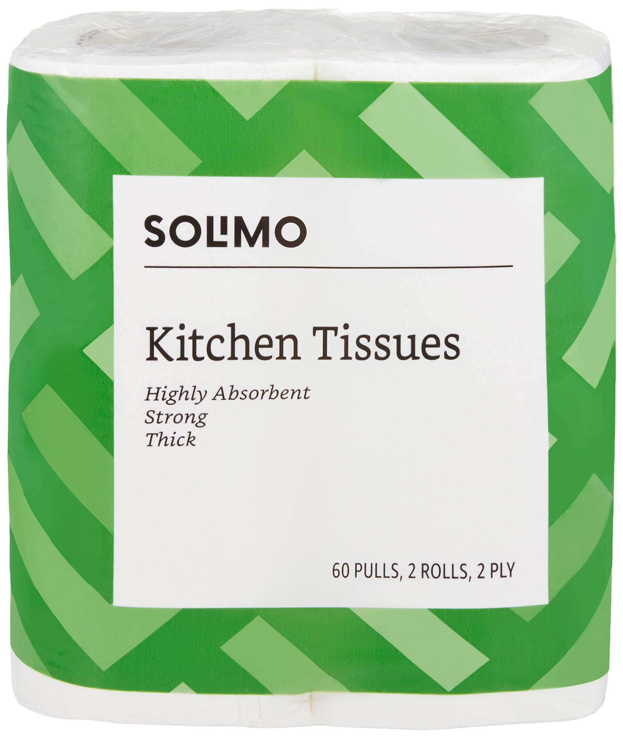 Amazon Brand - Solimo Kitchen Tissue Rolls | 2 Ply Kitchen Paper Roll | 120 Pulls | 60 Pulls x 2 Rolls | Food Safe | Highly Absorbent | OBA-Free | 100% Natural Virgin Cellulose Fiber