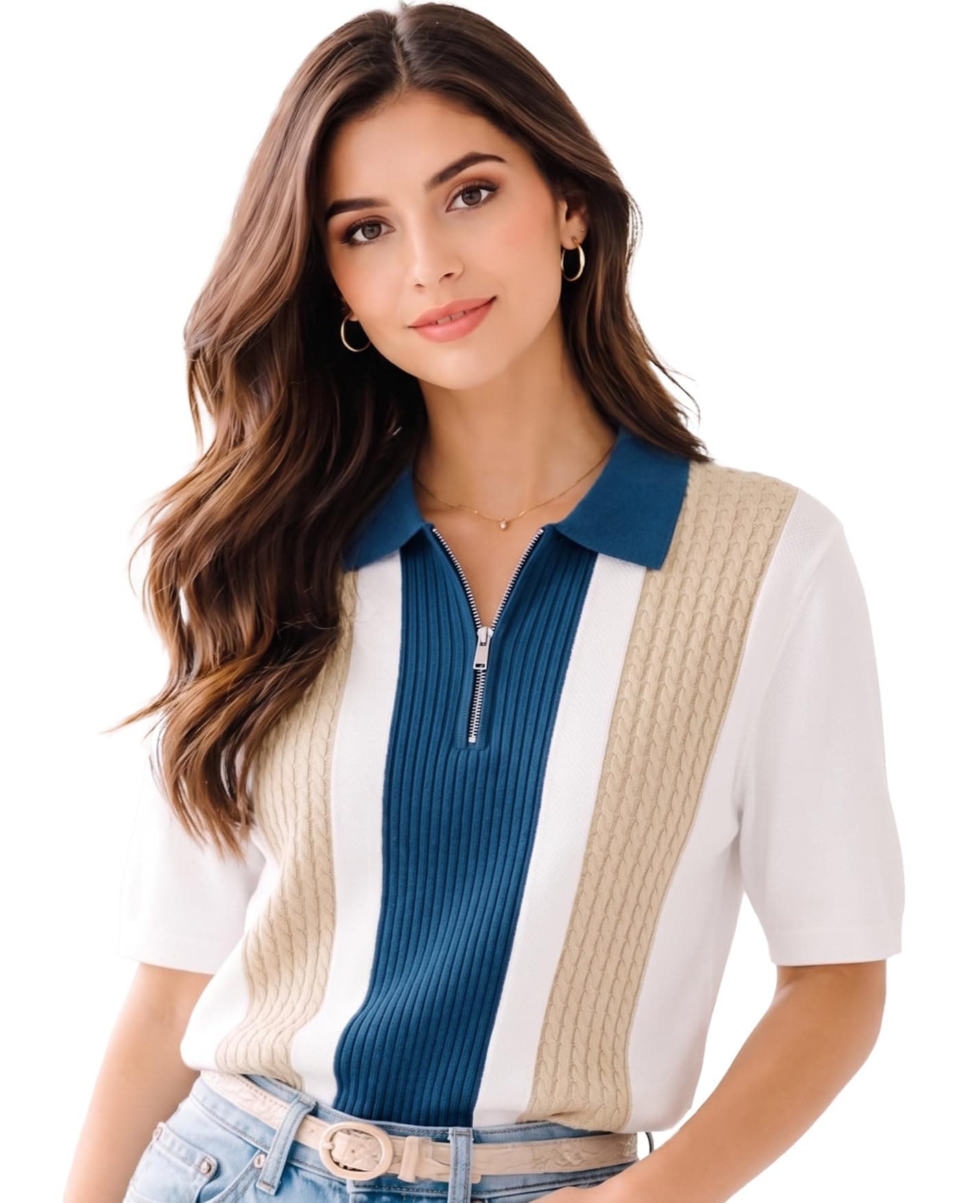 Women's Collared Neck Half Sleeve Slim Fit Casual Tee, Polo Cotton Blend T-Shirt for Women, Casual Texture Aesthetic Summer Wear