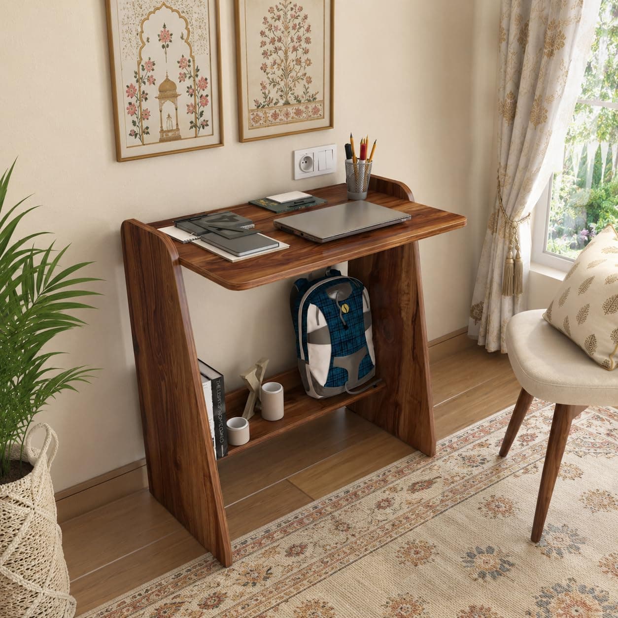 Studio Kook Milano Study Table, Engineered Wood, Modern Computer Desk with Storage Shelf, 80cm Height x 75cm Width, Engineered Wood, Matte Finish, DIY (DO IT Yourself) Assembly (Amber Walnut)
