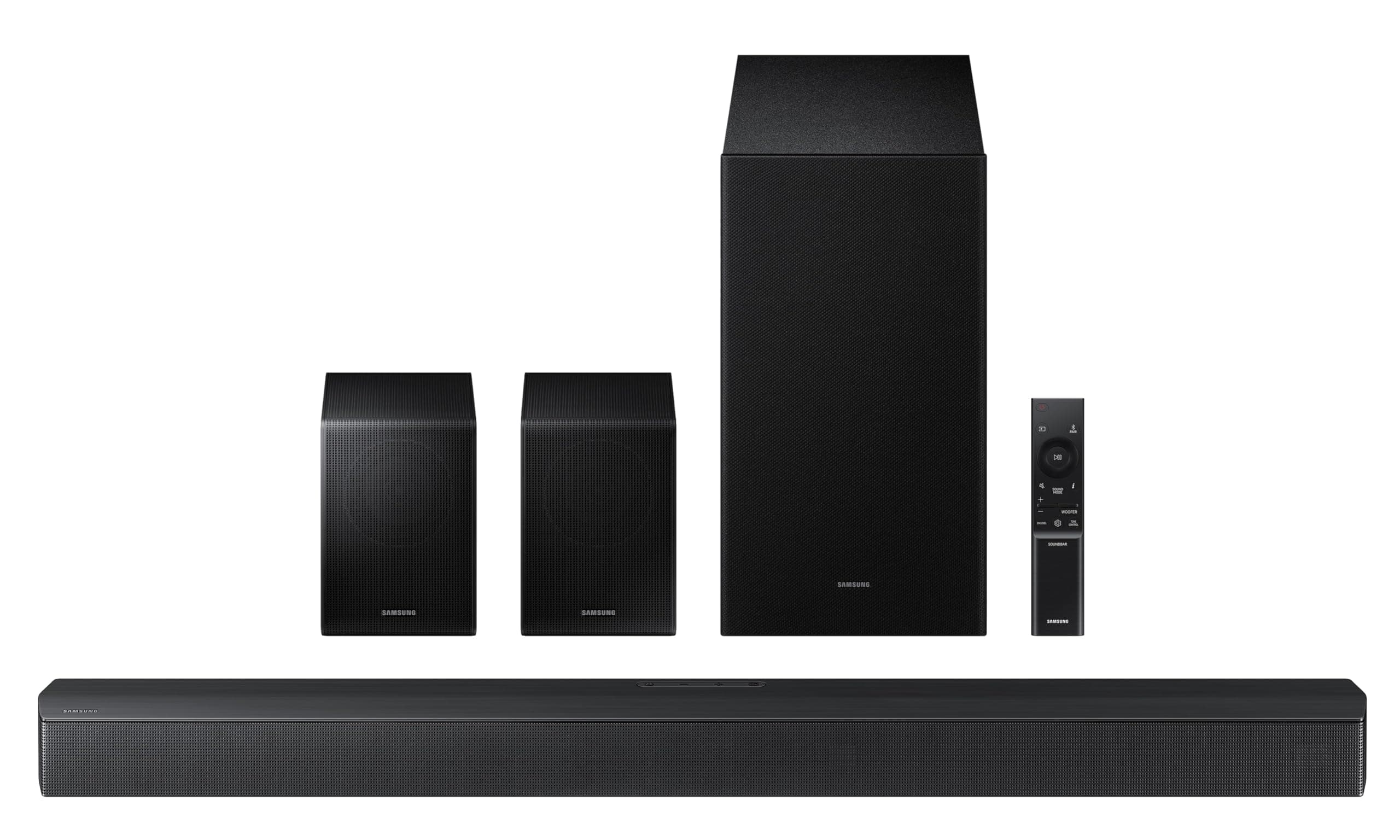 Samsung 490 W 5.1 ch Soundbar with Center Speaker | Dolby Audio | DTS Virtual:X | Q-Symphony | Wireless Rear Speaker | HDMI ARC|Bluetooth | USB Music Playback | Wireless Subwoofer (HW-B67EF/XL, Black)