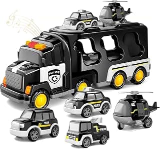 Kidology 5-in-1 Friction-Powered Police Truck Toy Set with Music for Kids Ages 3+ | Montessori Educational Transport Carrier Vehicle Toy for Boys & Girls, Fun Birthday Gift