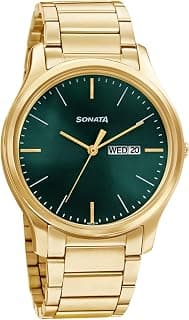Sonata Essentials Quartz Analog with Day and Date Forest Green Dial Gold Stainless Steel Strap Watch for Men - NT77082YM05W