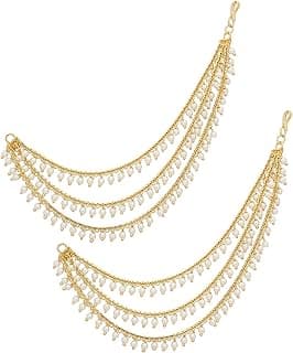 MEENAZ Brass copper Gold kanchain 3 layer long bridal wedding ear kan chain Champaswaralu earchains Ear Chains for Hair Jhumka Jhumki kanoti moti pearl Traditional Earrings for women girls Golden-M020