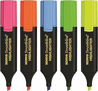 Kores Smoothline + Highlighter | Assorted Colour | Set of 5 Vibrant Colour (Yellow, Pink, Blue, Green & Orange) | Ideal Use : Office, School & Home | Excellent of Students & Professionals