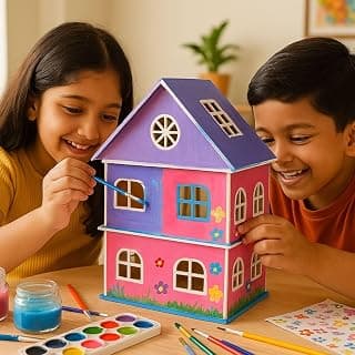 Panda World Wooden Toy House with Furniture for Kids, Doll House, Miniature Toy Building, DIY Construction Kit with Assembly Instructions, Wooden Doll House for Girls and Boys