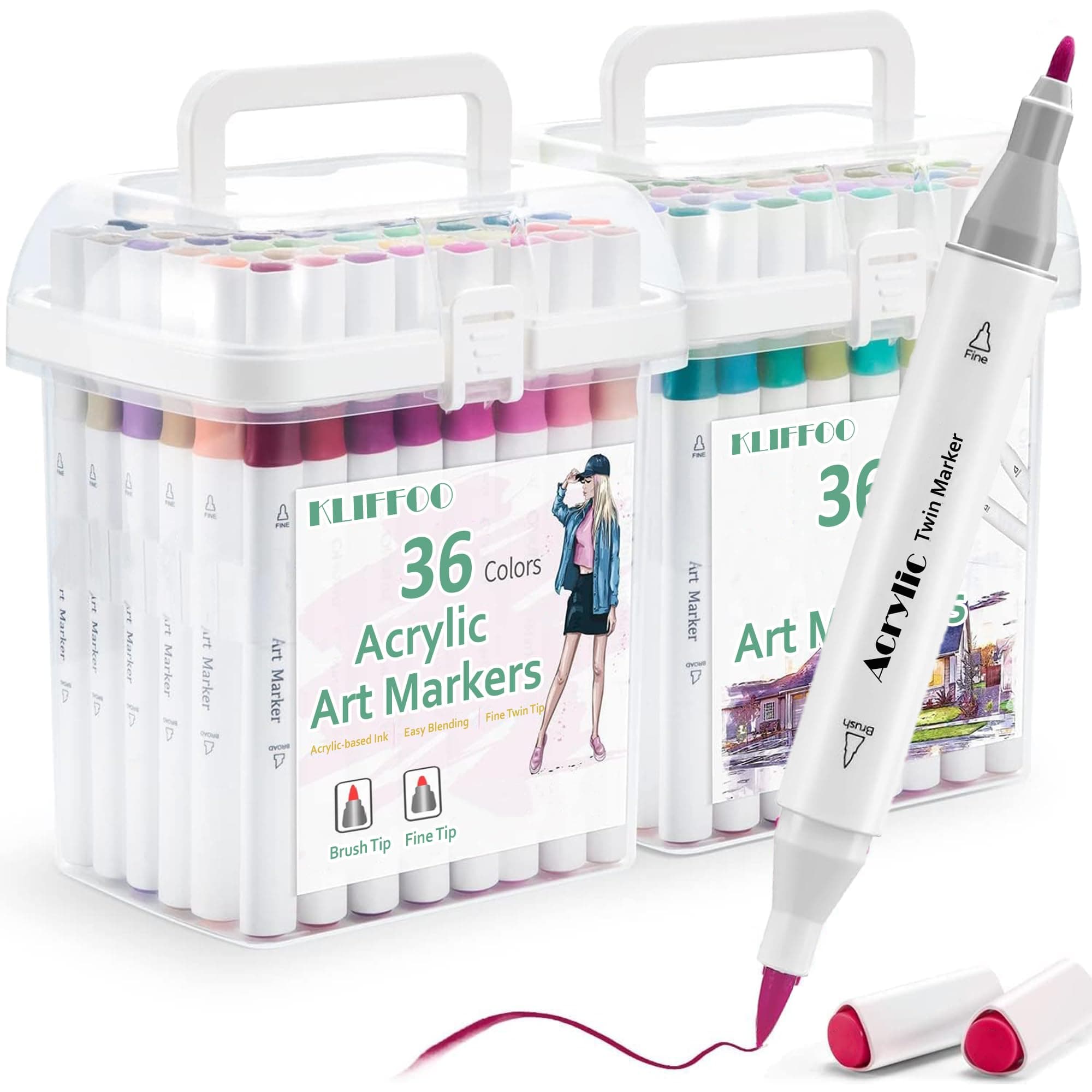 KLIFFOO Dual Tip Acrylic Paint Markers Set 36 Colors with Carrying Case for Painting Sketching Calligraphy Drawing, Permanent Colouring Marker Pens for Rock, Canvas, Wood, Glass, Ceramic, Fabric